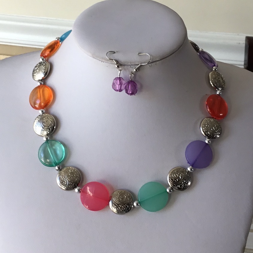 Multi Color Lucite Bead Necklace Earring Set